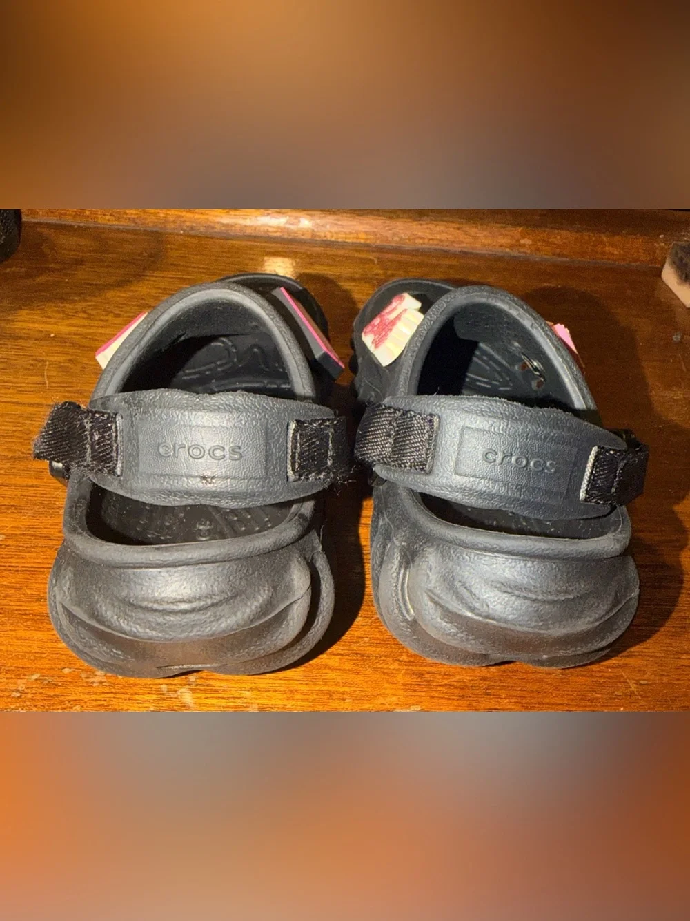 Crocs C6 Kids Black Clog Slip On w/ Barbie Jibbitz Charms Adjustable Strap Girls